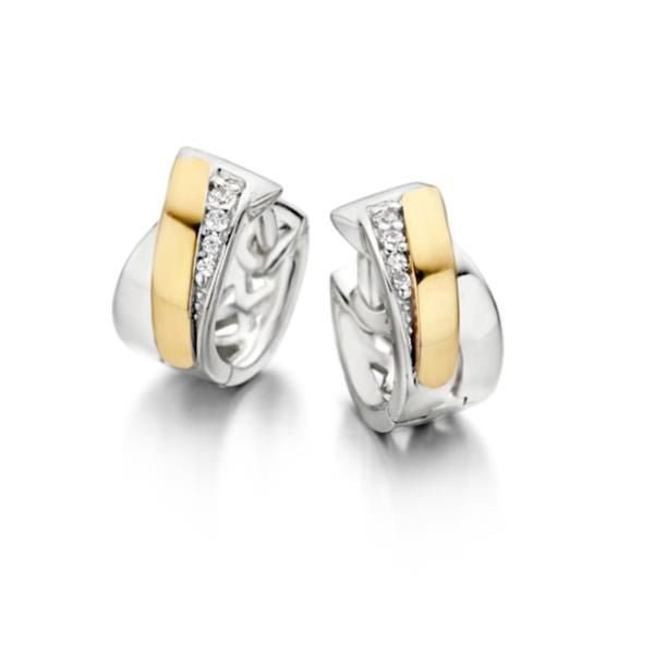 Silberne Ohrringe mit goldenen Akzenten und Zirkonia-Steinen, geschwungene Form
