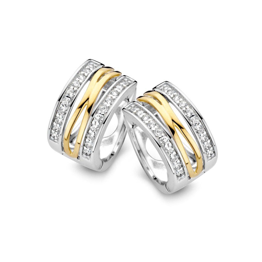 Elegante Ohrringe aus Silber und Gold mit Zirkonia, 12 mm Durchmesser, geschwungene Linien.