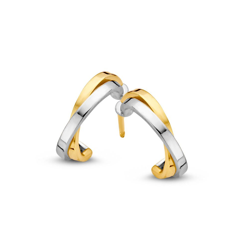 Bicolor Ohrstecker aus Gelb- und Weißgold mit einer Breite von 10 mm und geschwungener Form