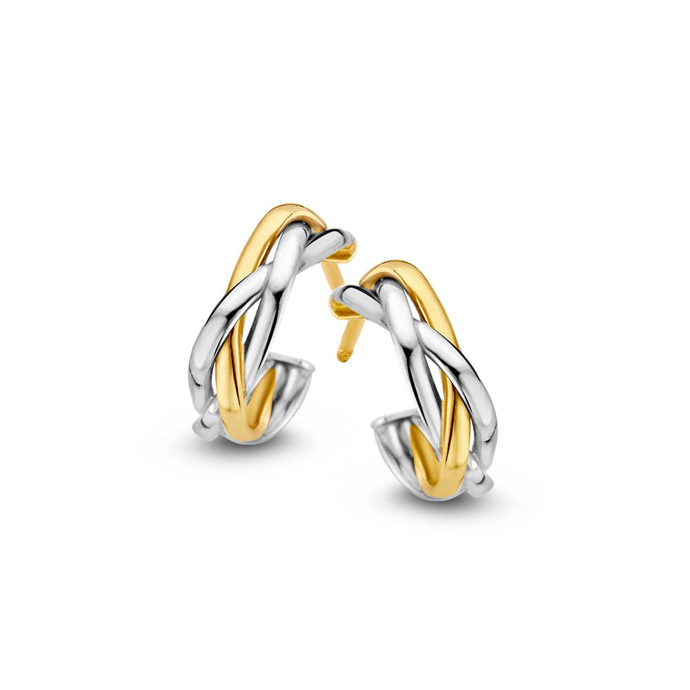Bicolor geflochtene Ohrringe aus 14-Karat Gold mit silbernem und goldenem Finish, 11 mm groß