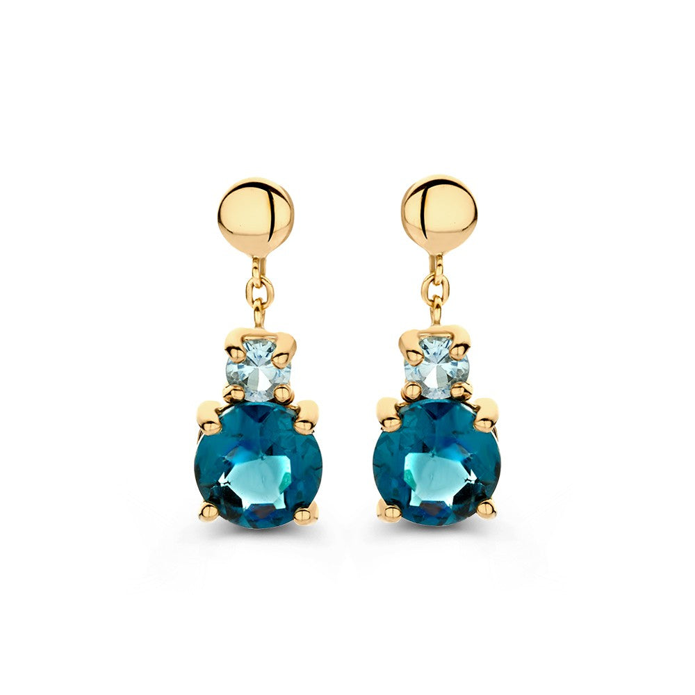 Elegante Ohrstecker aus gelbem Gold mit blauen und London Blue Topasen