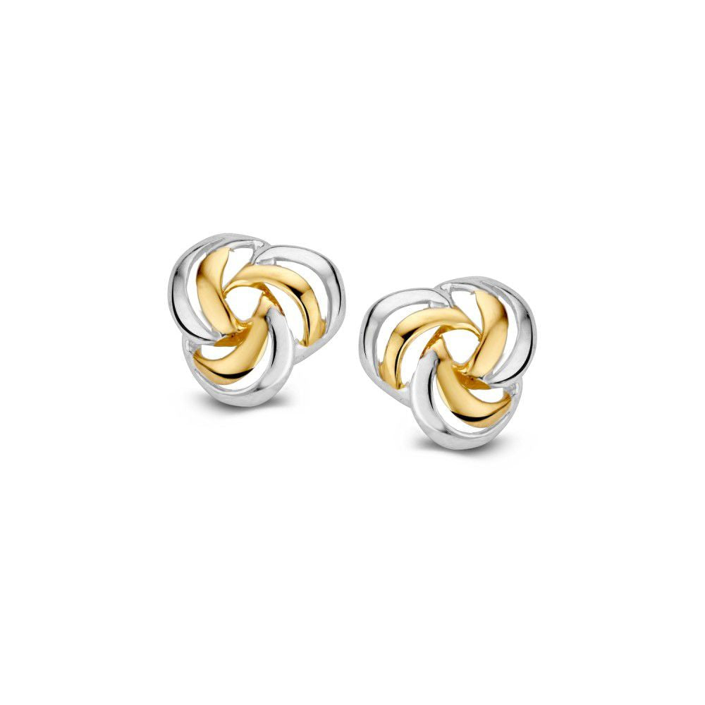Bicolor Ohrstecker aus 14 Karat Gold mit einem geschwungenen Design in Silber und Gold