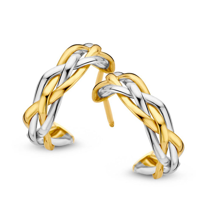 Bicolor Gouden Oorringen voor Dames – Gevlochten Banen in 14 Karaat Geel/Wit Goud