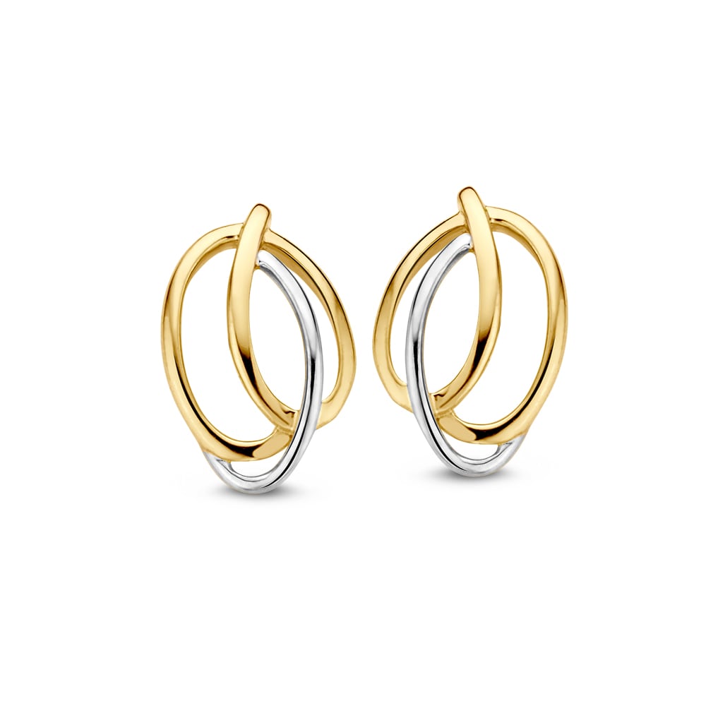 Ohrstecker aus 14 Karat Bicolor-Gold mit gelben und weißen, geschwungenen Elementen