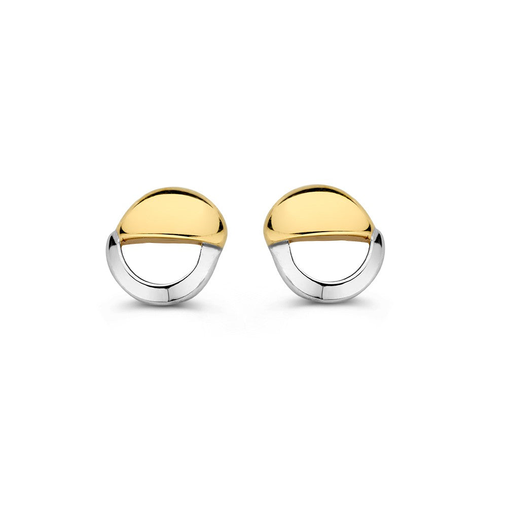 Bicolor Ohrstecker aus 14 Karat Gold mit gelbem und weißem Gold, runde Form und glänzende Oberfläche