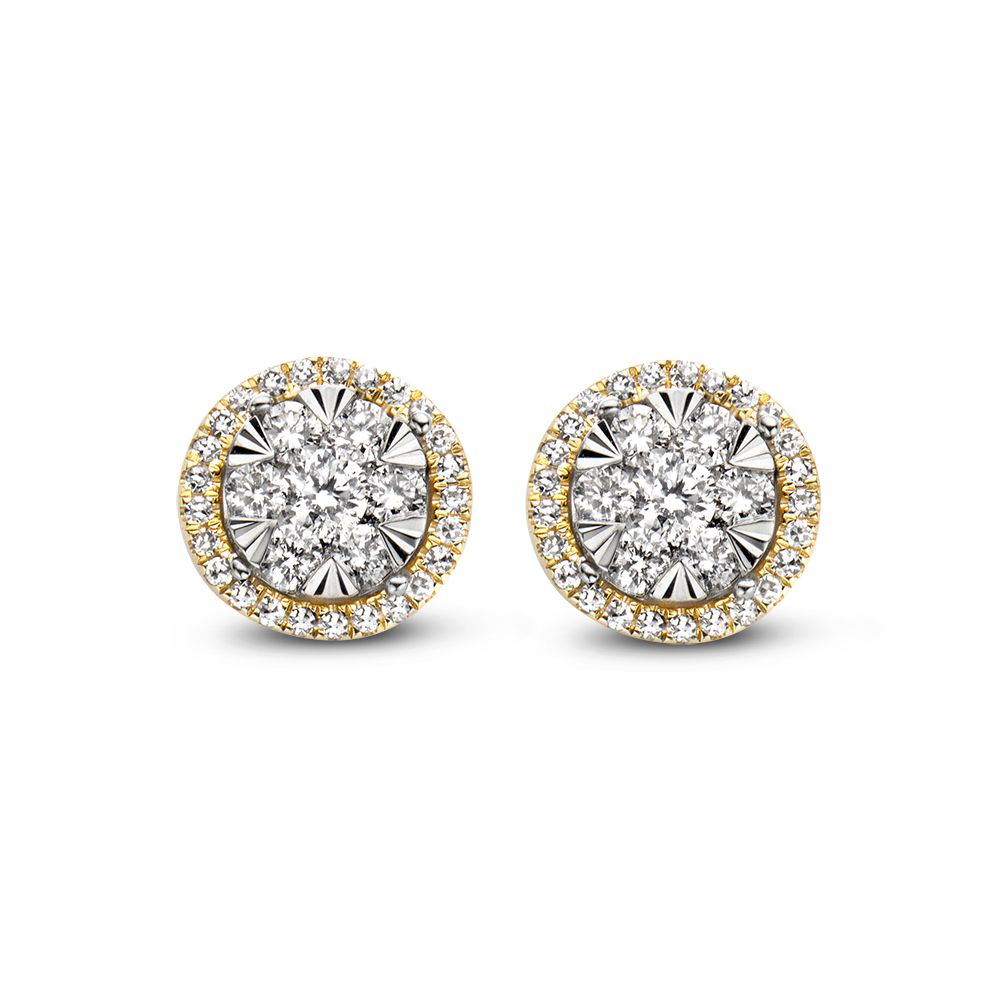 Bicolor Goldohrringe mit 0,44 ct Diamant in Entouragefassung und funkelndem Zirkonia-Rand