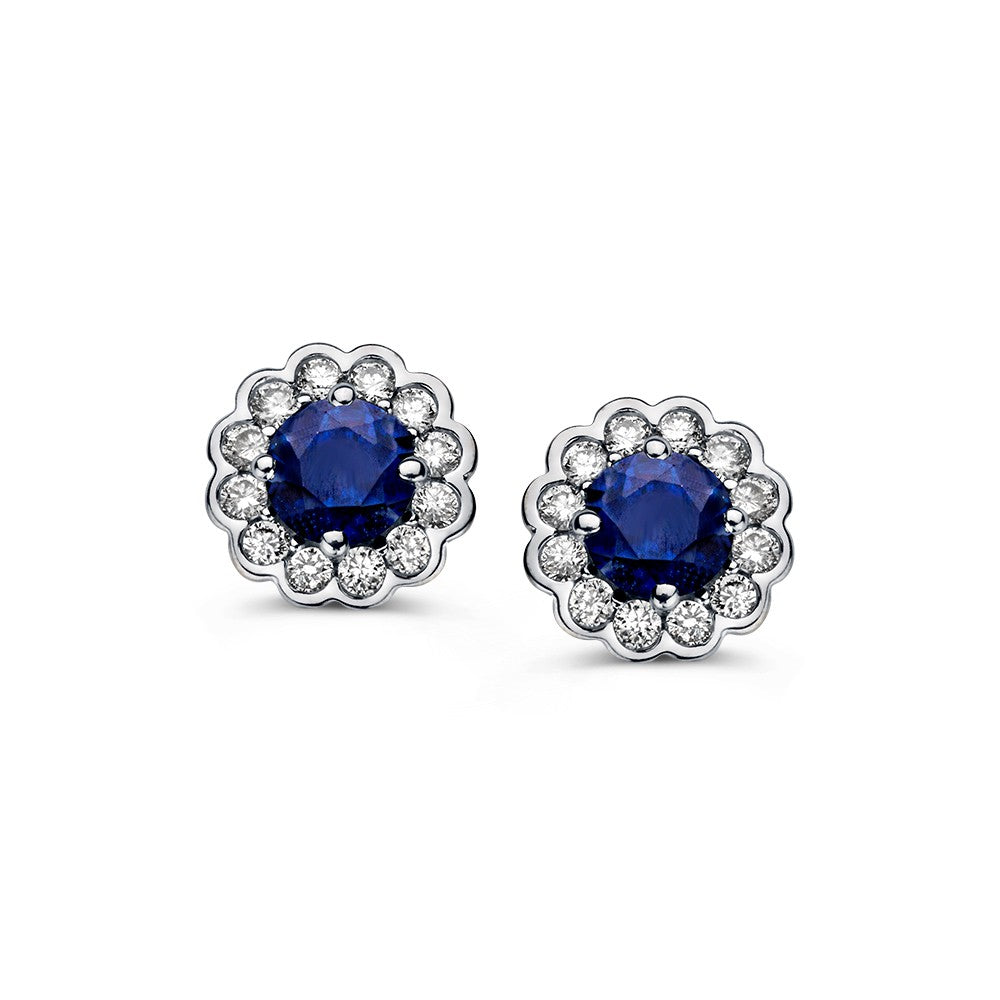 Gelbgoldene Ohrstecker mit blauen Saphiren und Diamanten in Entourage-Fassung