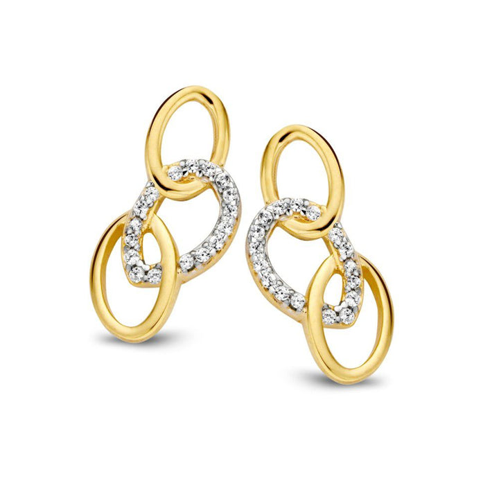 Bicolor Wit- en Geelgouden Oorstekers met Zirkonia's – 14 Karaat, 16mm