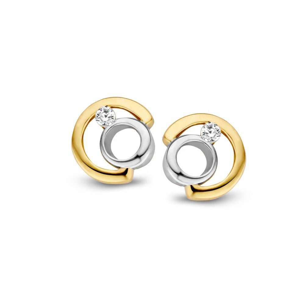 Bicolor Ohrstecker aus Gelb- und Weißgold mit Zirkonia, 9,5 mm groß, geschwungene Form