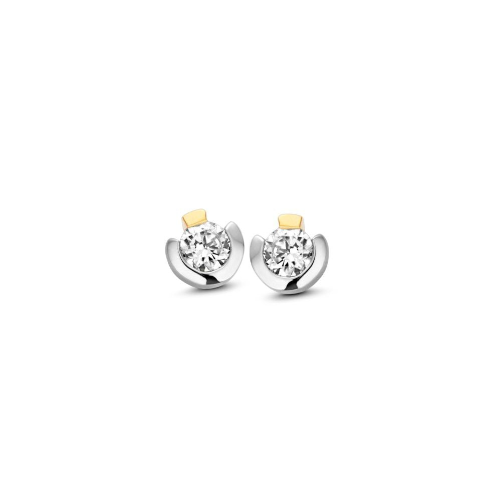 Bicolor Ohrstecker aus 14 Karat Weiß- und Gelbgold mit Zirkonia, rundes Design
