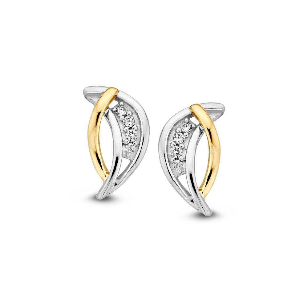 Bicolor Ohrringe aus 14k Gold mit weißen Zirkonia, 12mm große Stecker in geschwungener Form