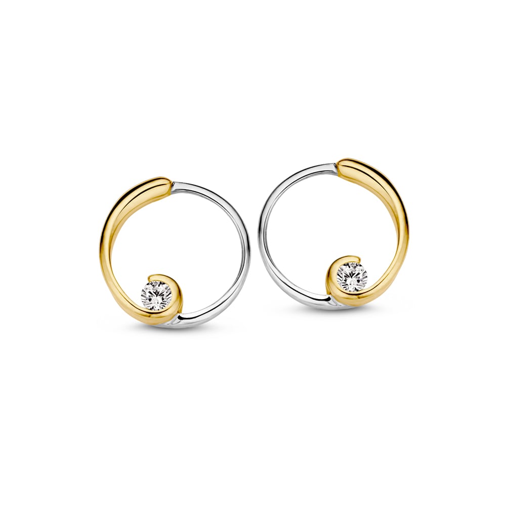 Bicolor Ohrstecker aus Gelb- und Weißgold mit Zirkonia, geschwungene Form und funkelnden Steinen