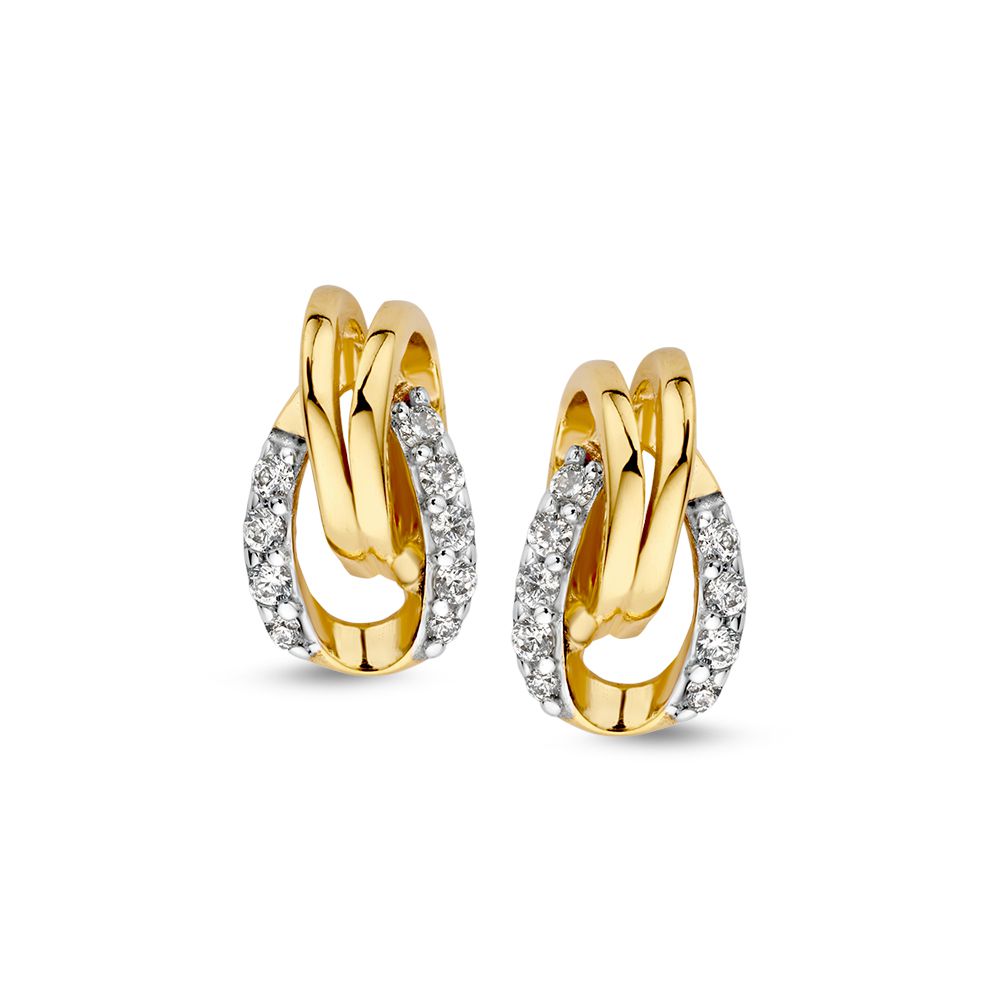 Bicolor Ohrstecker aus 14K Gold mit Zirkonia, in geschwungener Form und glänzender Oberfläche