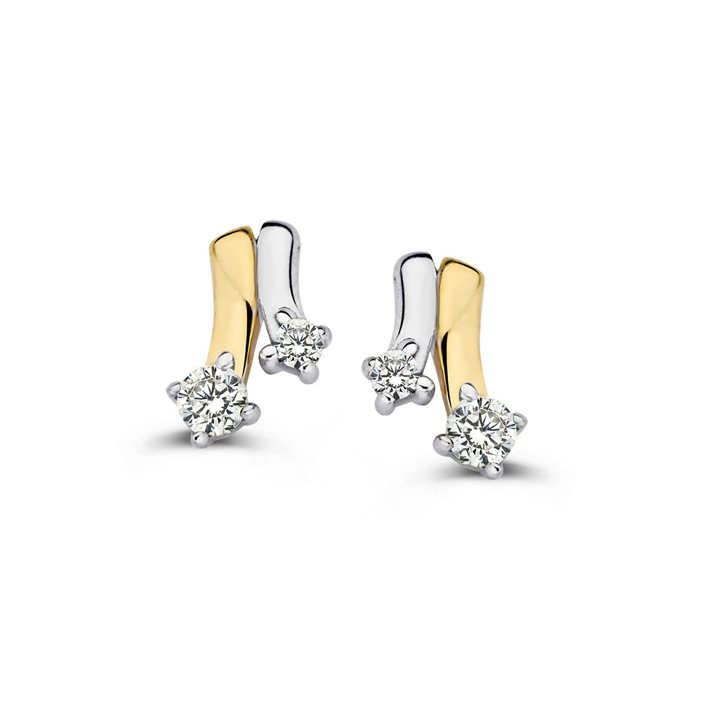 Bicolor Ohrstecker aus 14K Weiß- und Gelbgold mit Zirkonia, 8,5 mm groß