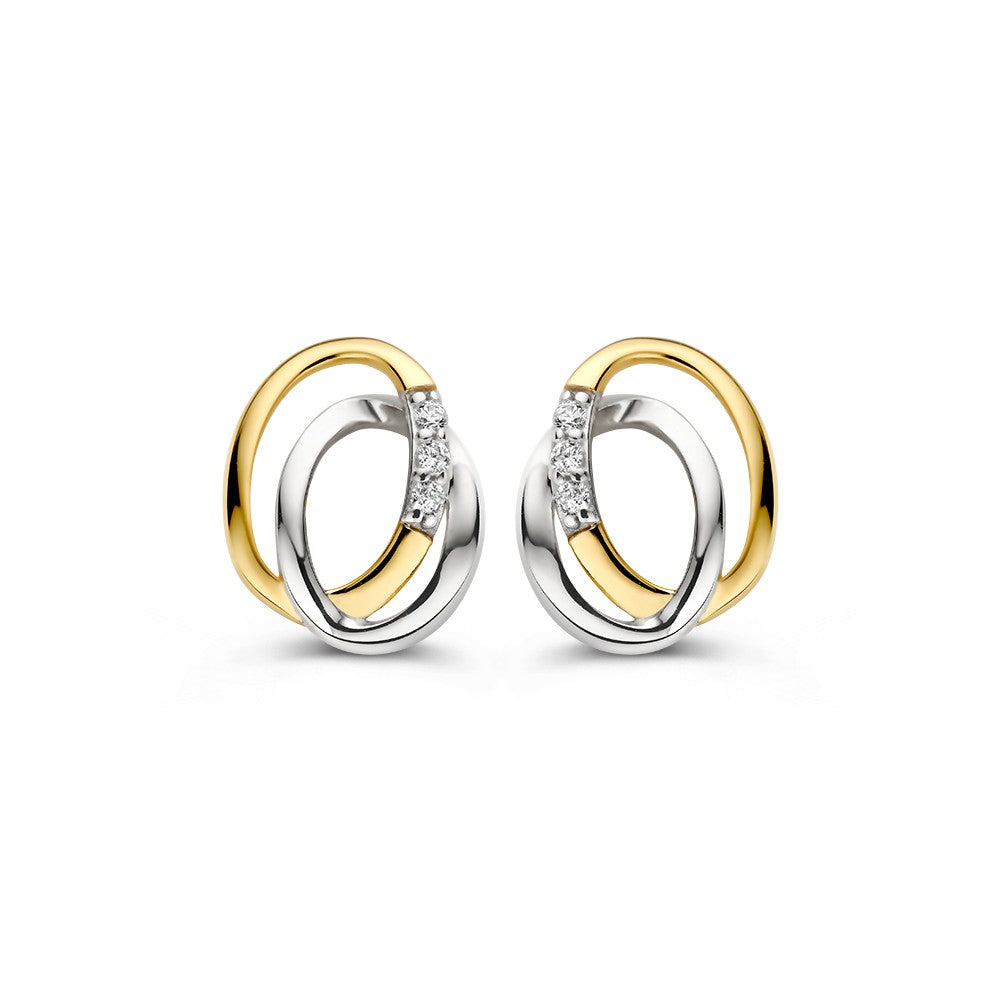 Bicolor Ohrstecker aus 14K Gold mit Zirkonia, bestehend aus einer silbernen und einer goldenen Schlaufe