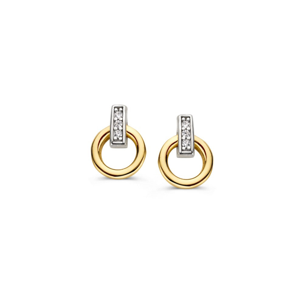 Bicolor Ohrstecker aus 14K Weiß- und Gelbgold mit Zirkonia, Durchmesser 10mm, Höhe 7,5mm