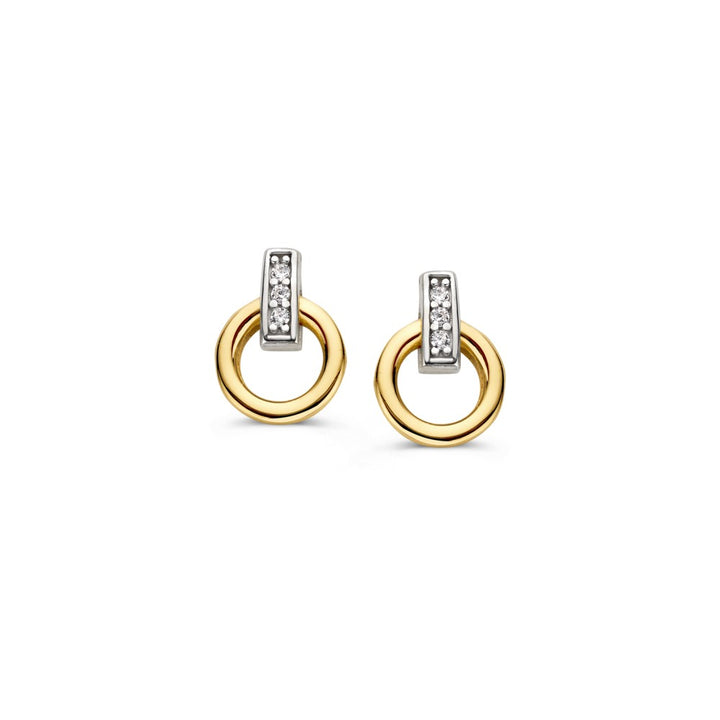 De Excellent Jewelry Bicolor Wit- en Geelgouden Oorstekers met Zirkonia (14K, 10mm, 7,5mm) hebben kleine gouden cirkels en verticale zilveren staafjes versierd met sprankelende zirkonia voor een opvallende look.
