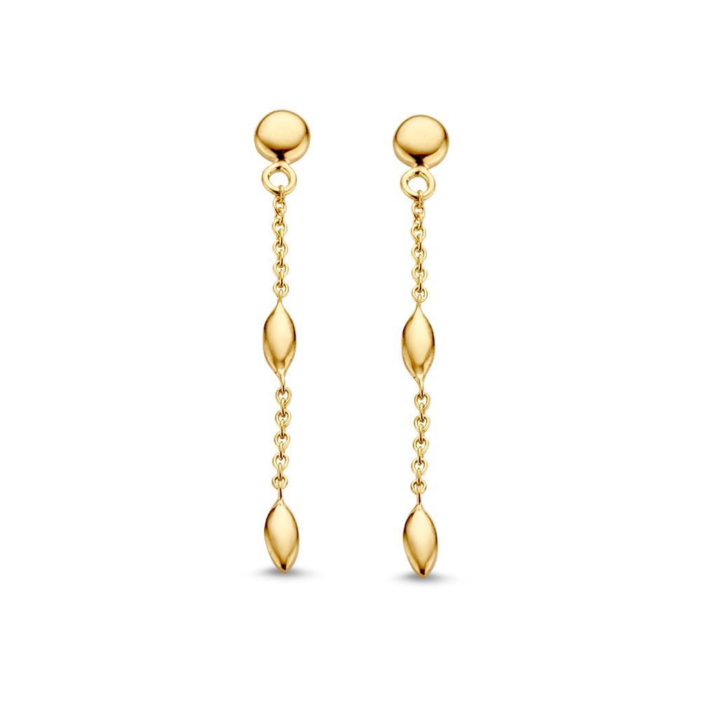 14K gelbgoldene Ohrstecker mit langen, geschwungenen Elementen und kleinen Kugeln