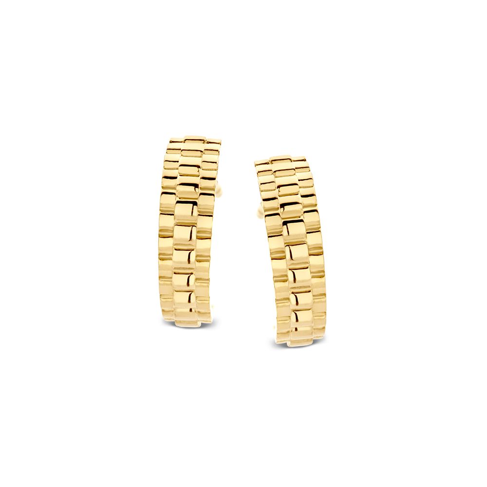 Gelbgoldene Ohrringe mit Rolex-Gliederdesign, elegant und raffiniert, glänzende Oberfläche