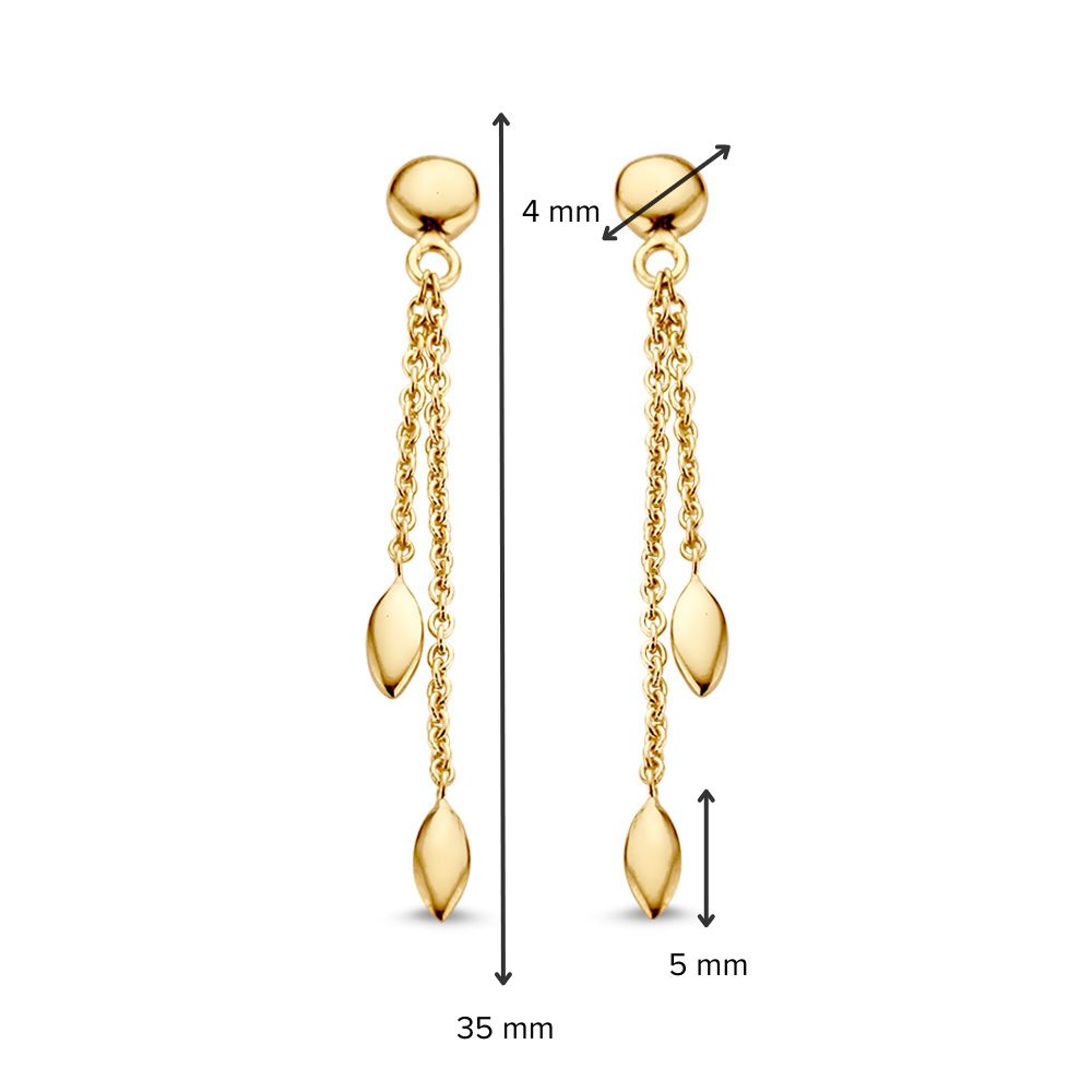 14K Gelbgoldohrstecker mit langen Anhängern und Goldelementen