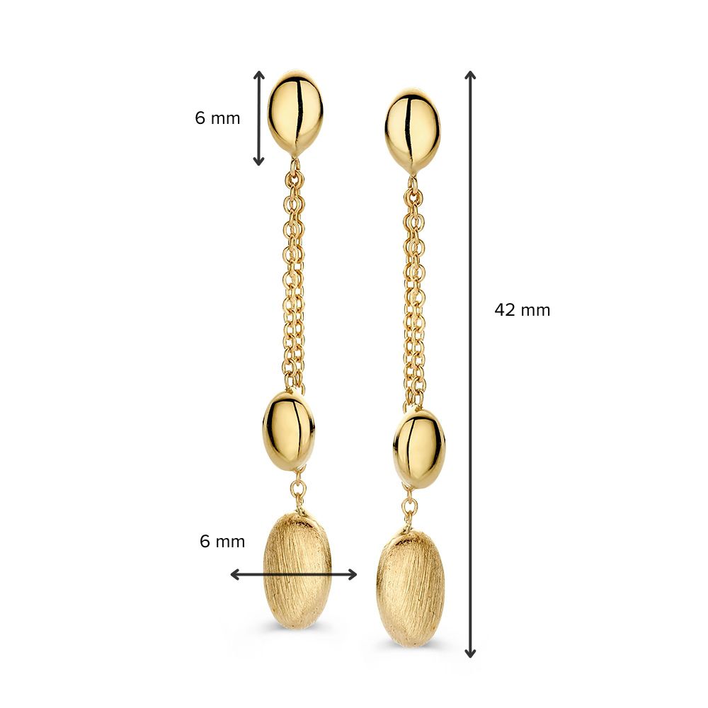 Verspielte Ohrstecker aus Gelbgold mit zwei hängenden Goldelementen – 14 Karat