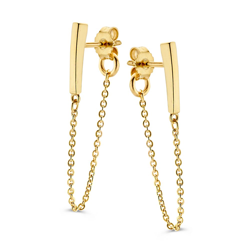 Ohrstecker aus 14K Gelbgold mit Zirkonia und goldener Kette, rechteckige Form mit feinen Details