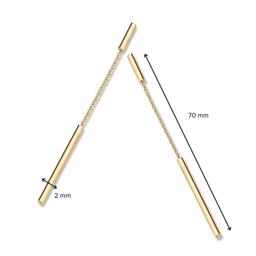 Geelgouden Oorbellen met Hangende Staafjes 14K – Moderne Elegantie 70mm