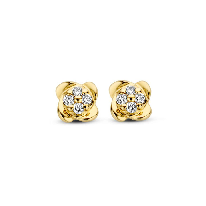 Geelgouden Oorstekers in Bloemdesign met Diamanten in 14 Karaat Goud