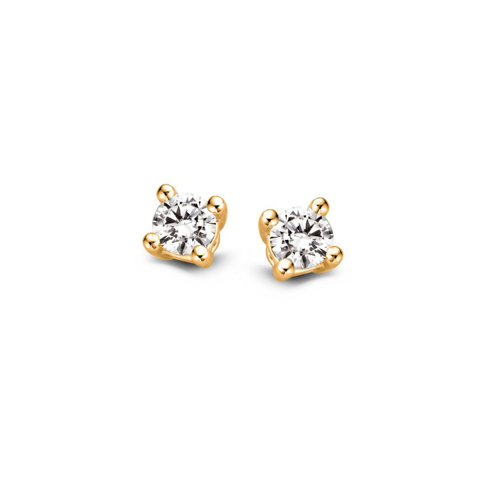 Gelbgoldene Solitär-Ohrstecker mit zwei Diamanten von 0,10 ct, schlichtes Design mit runden Steinen
