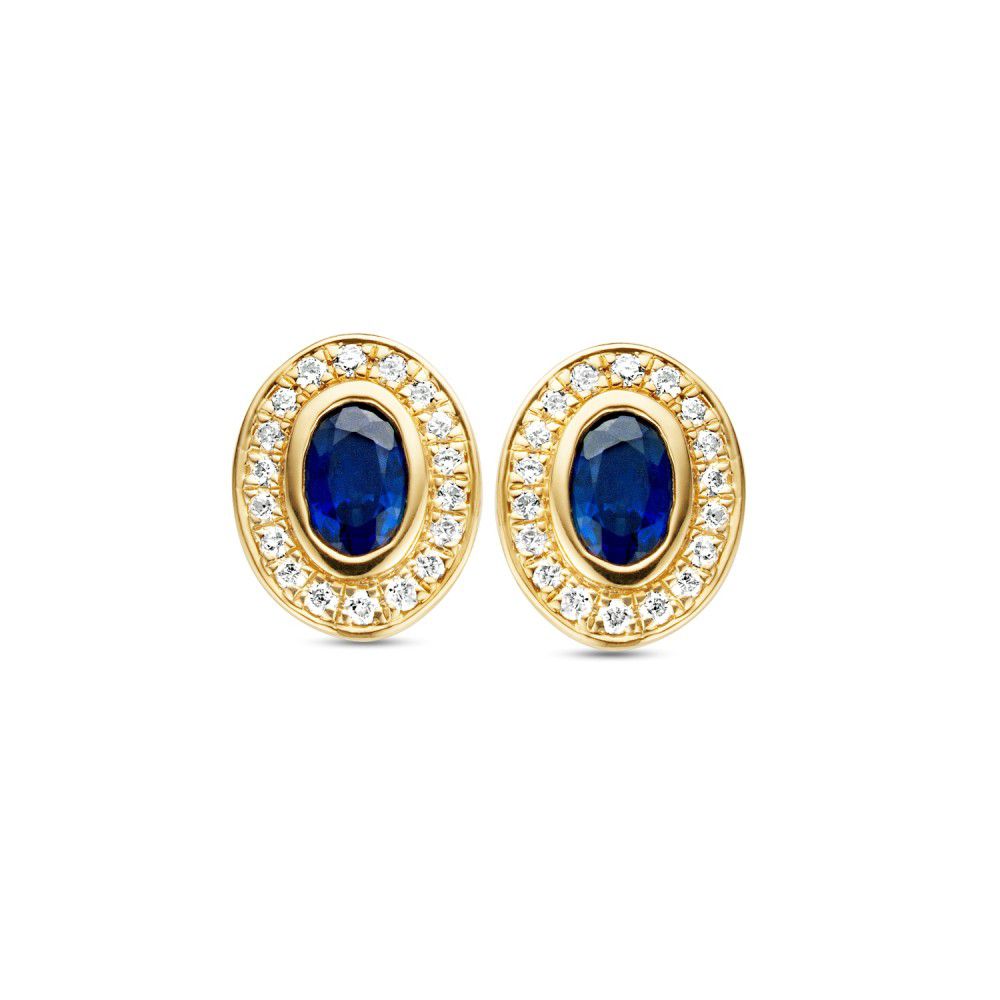 Ohrstecker aus Gelbgold mit blauen Saphiren und Diamanten, ovaler Form, umgeben von kleinen, funkelnden Steinen