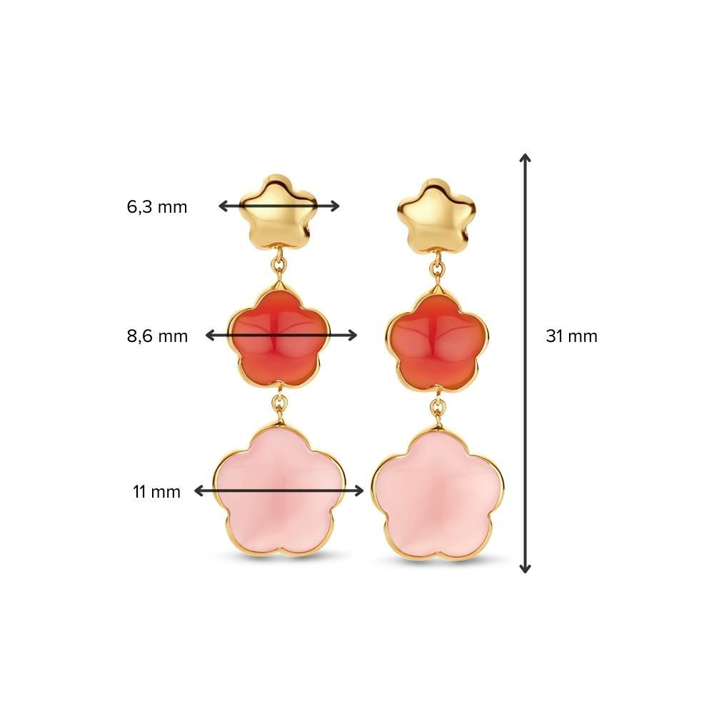 Gelbgold-Ohrhänger mit Carneol und Chalcedon in Blumenform – Mehrfarbiger Schmuck