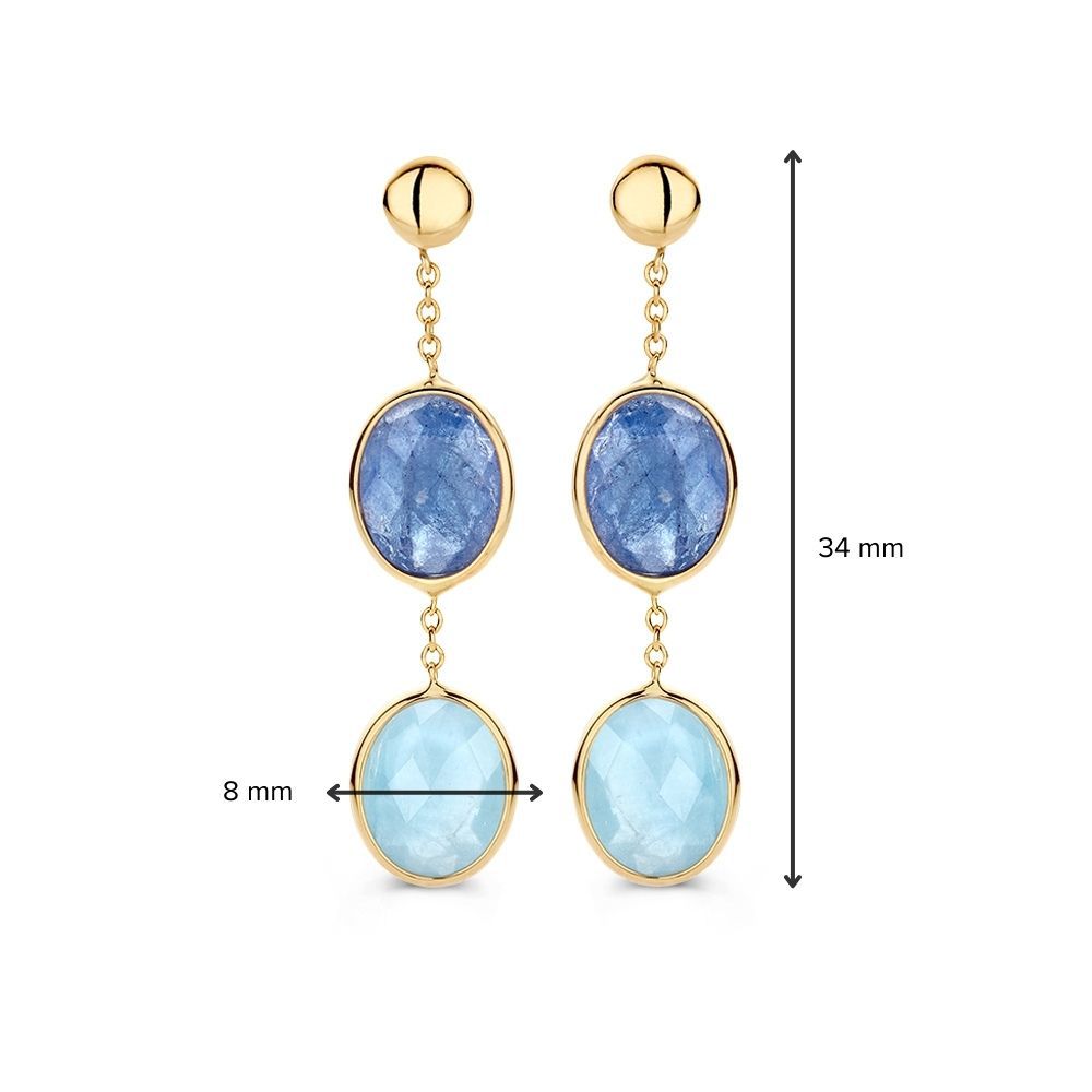 Geelgouden Oorhangers met Aquamarijn en Tanzaniet – Luxe Blauw Gekleurde Edelstenen