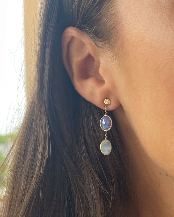 Geelgouden Oorhangers met Aquamarijn en Tanzaniet – Luxe Blauw Gekleurde Edelstenen