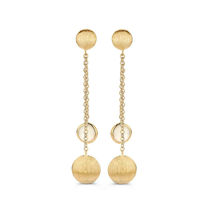 Geelgouden Oorstekers met Maansteen en Matgouden Hangers – Speelse, Elegante Oorbellen