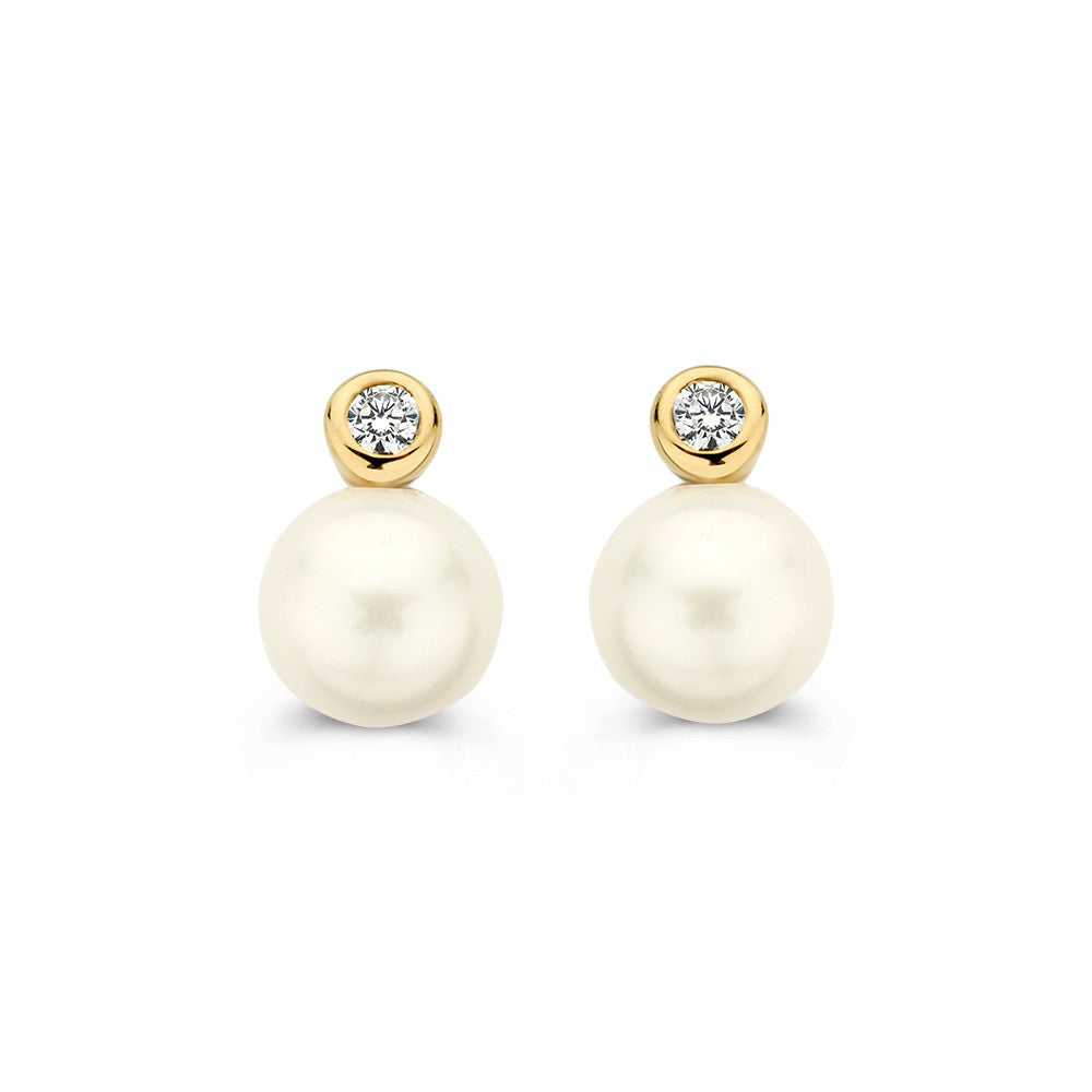Goldene Ohrstecker mit Perle und Zirkonia, 14 Karat, mit runder, weißer Perle und funkelndem Zirkonia