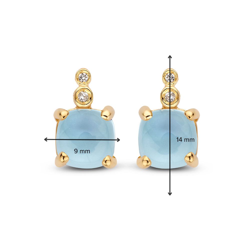 Stijlvolle Geelgouden Oorbellen met Cabochon Geslepen Blauwe Topaas en Diamanten 14 Karaat