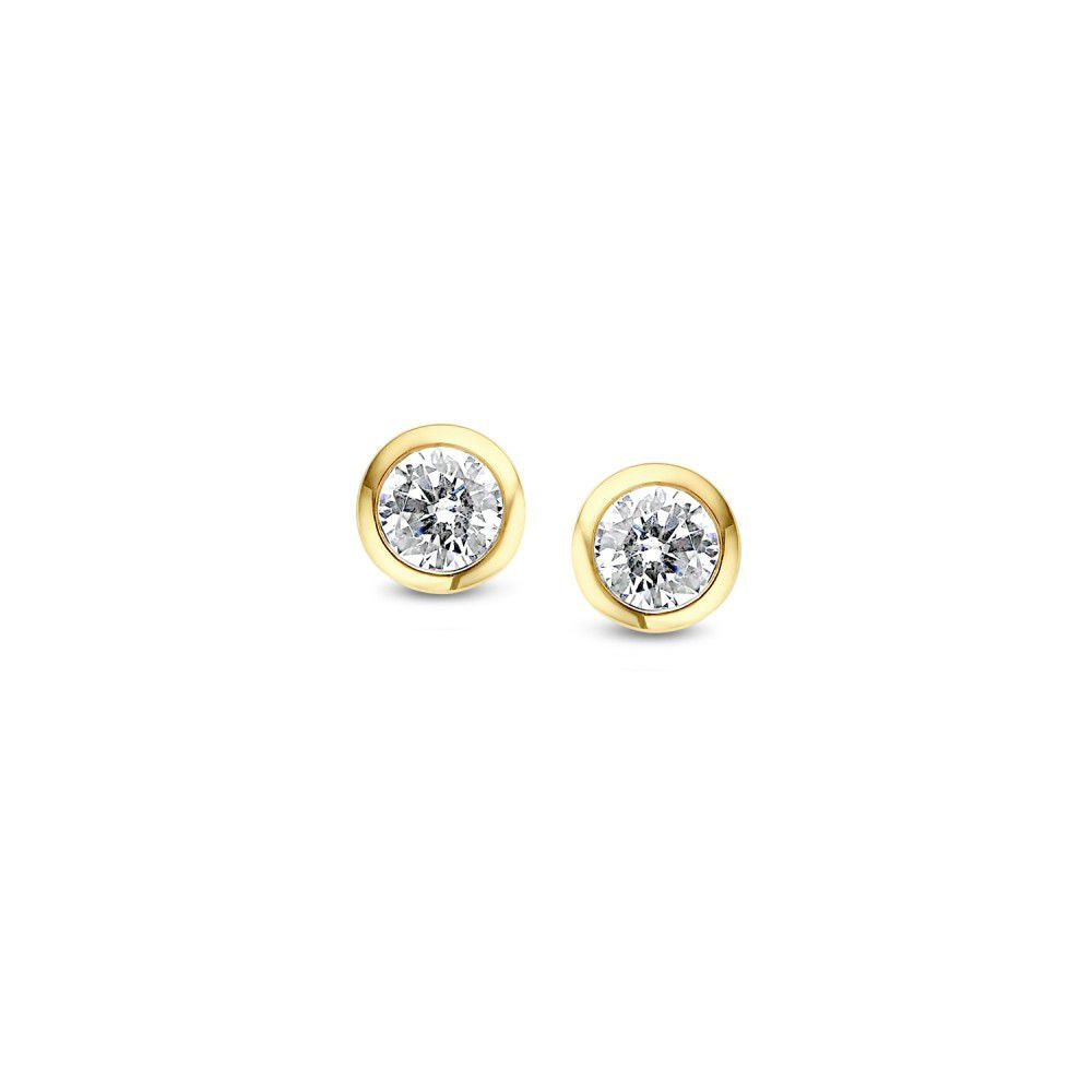 Gelbgoldene Ohrstecker mit weißen Zirkonia, 14 Karat, runde Form mit glänzender Fassung