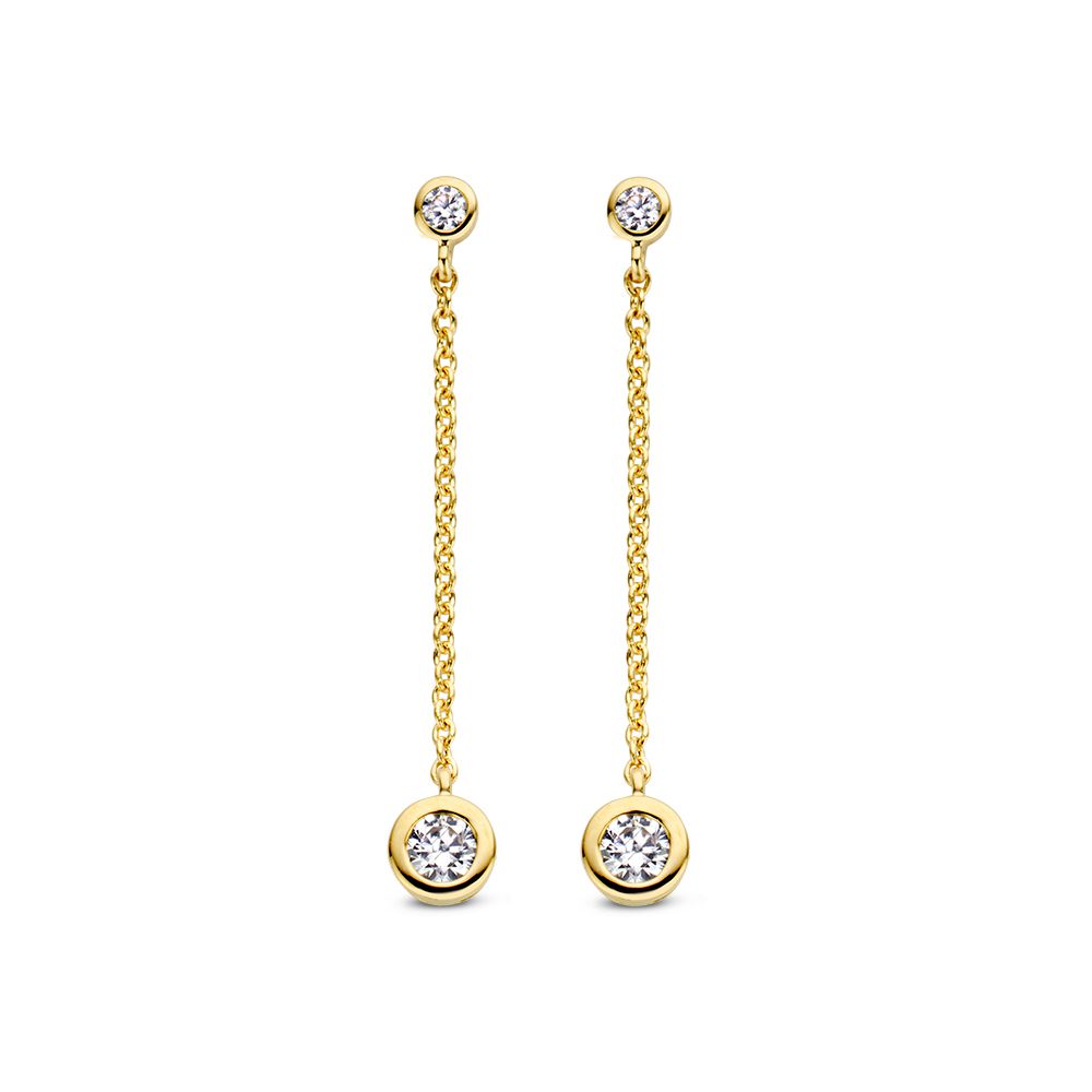 Geelgouden Oorstekers met Zirkonia's – 14 Karaat, Elegante Hangende Design