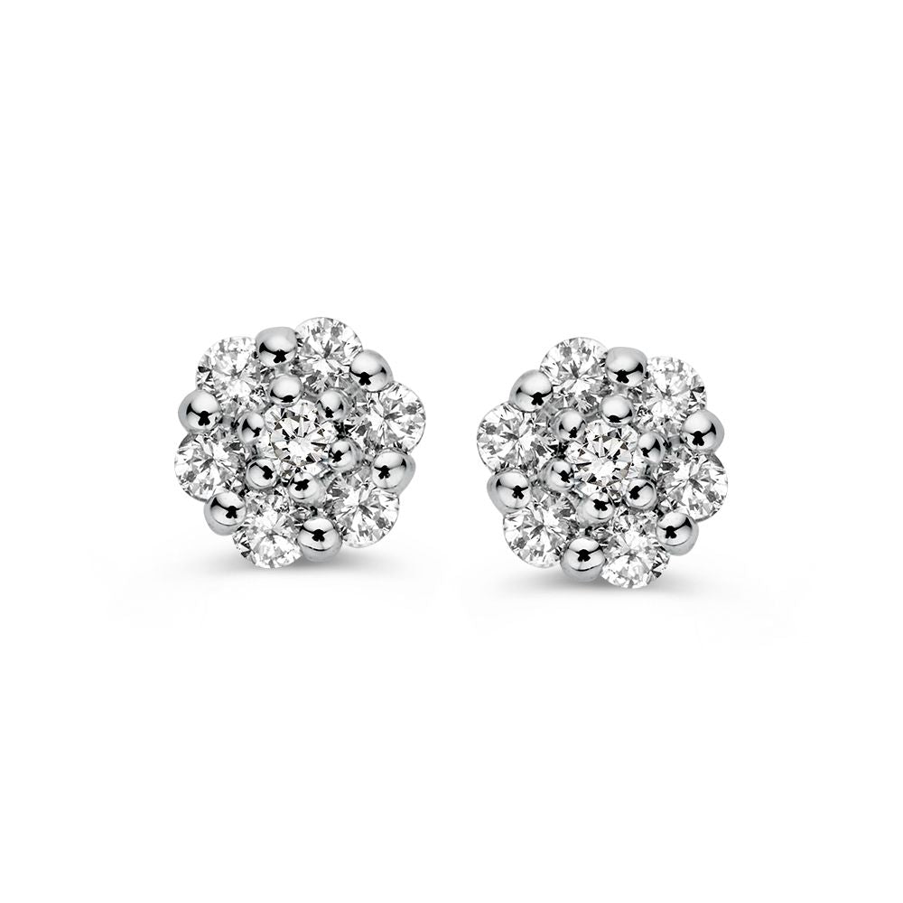 Witgouden Ohrstecker mit 0,16 ct Brillanten in Entourage-Zetting, blütenförmiges Design