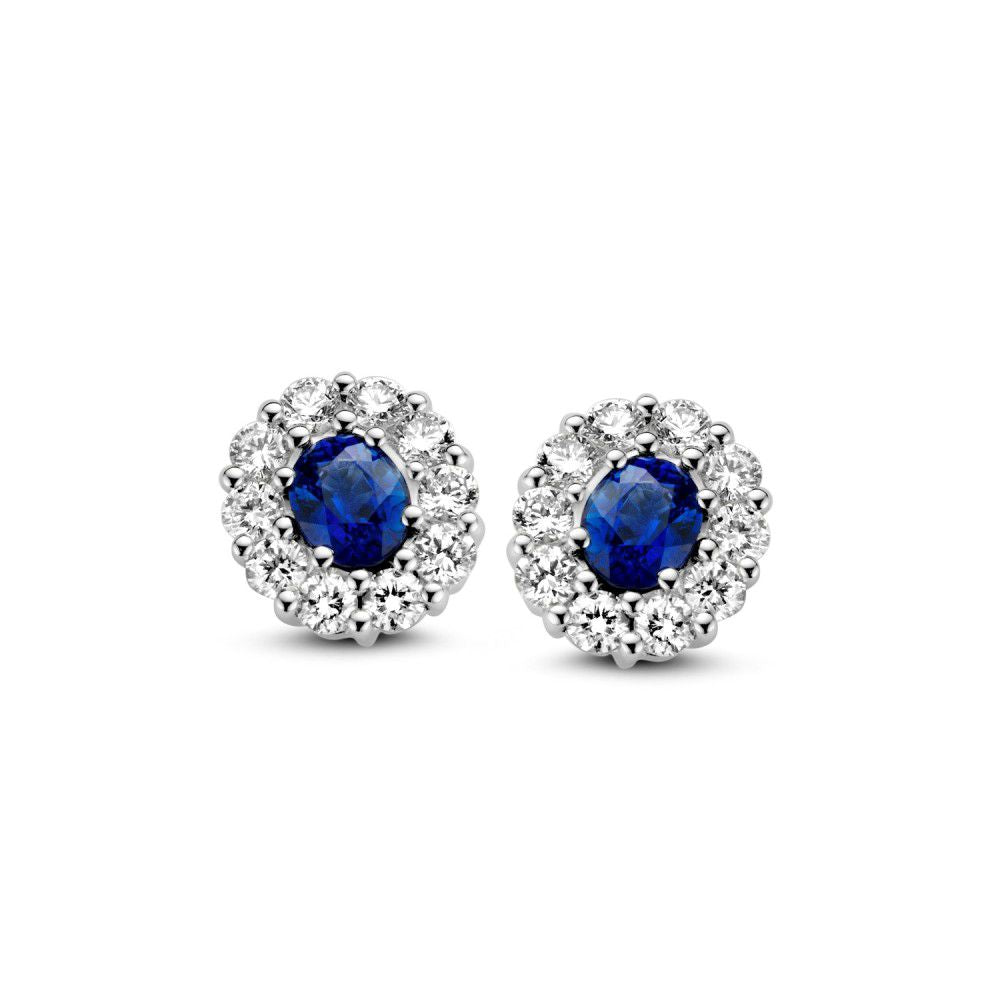 Witgouden Ohrstecker mit blauen Saphiren und Brillanten in Entouragefassung, 14 Karat, 0,50 ct
