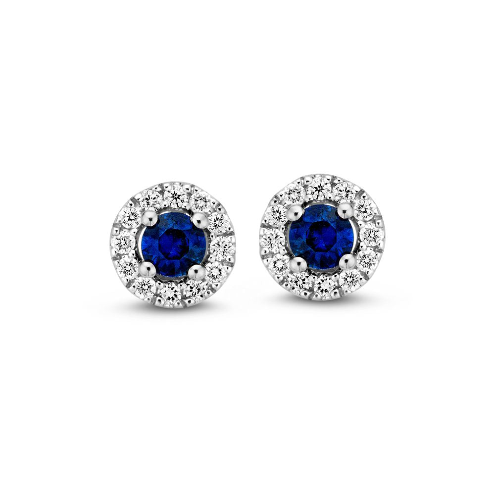 Weißgoldene Ohrstecker mit blauem Saphir und Brillanten, rund gefasst