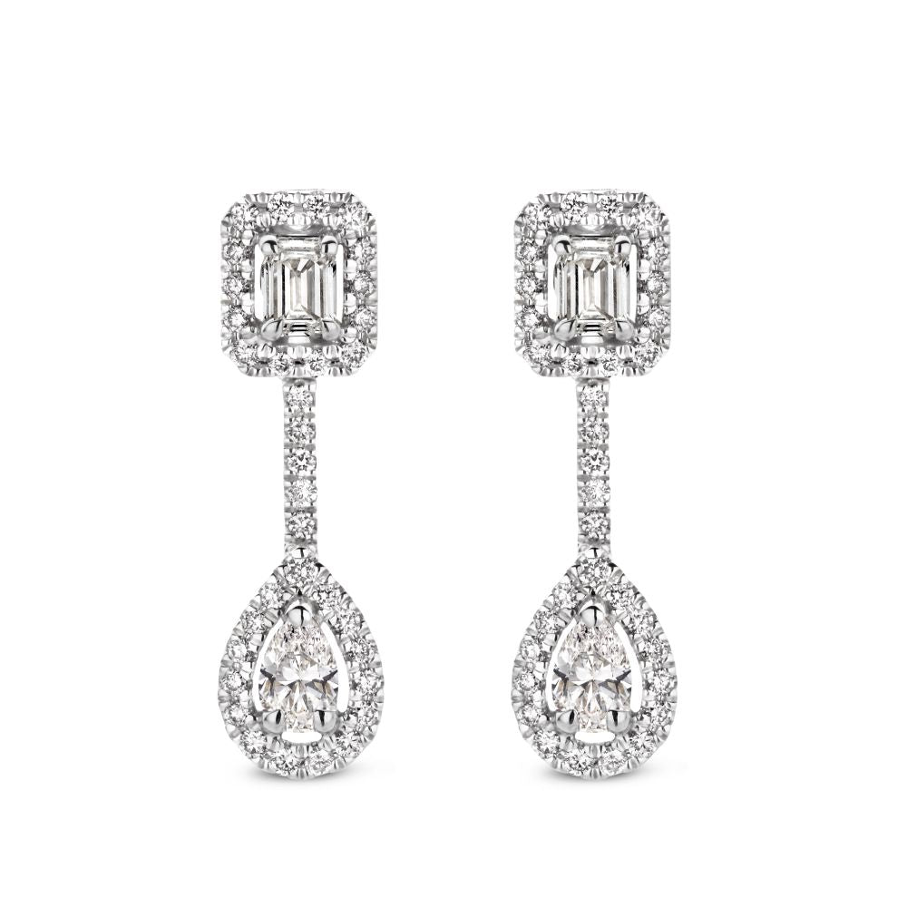 Witgouden Ohrhänger mit 1,04 Karat Diamanten, Baguette-, Emerald- und Tropfenschliff-Diamanten