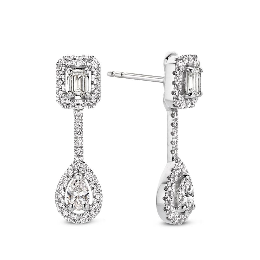 Ohrringe aus Weißgold mit Diamanten – 1,04 Karat – Diamanten im Baguette-, Emerald- und Tropfenschliff