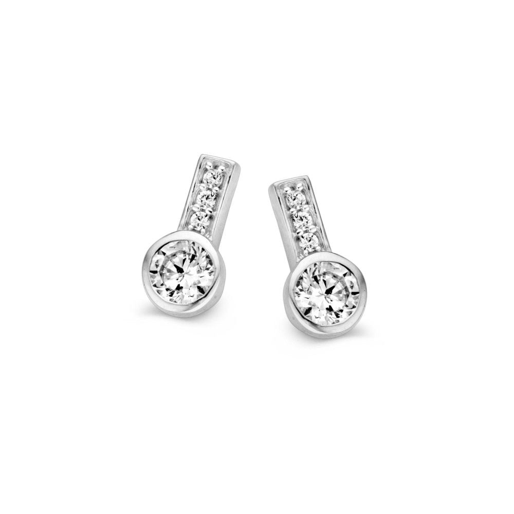 Ohrringe aus 14K Weißgold mit Zirkonia, 9 mm, mit funkelnden Details und Poussettenverschluss