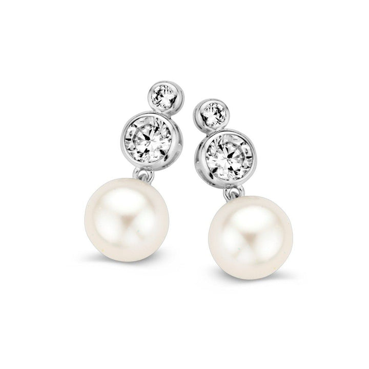 Witgouden Oorstekers met Zirkonia en Parel – 14K Oorbellen voor Dames, 17 mm, Set met Poussettes