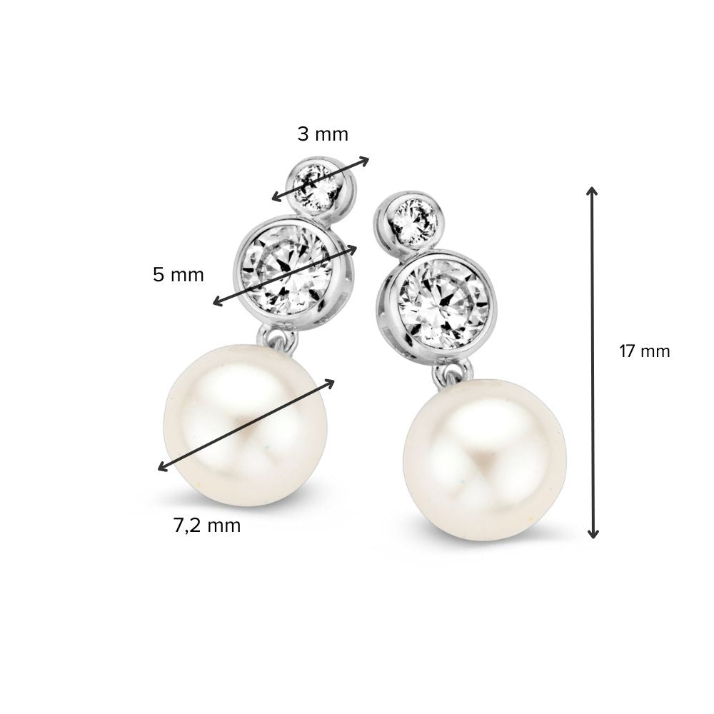 Ohrstecker aus Weißgold mit Zirkonia und Perle – 14K Ohrringe für Damen, 17 mm, Set mit Poussettes