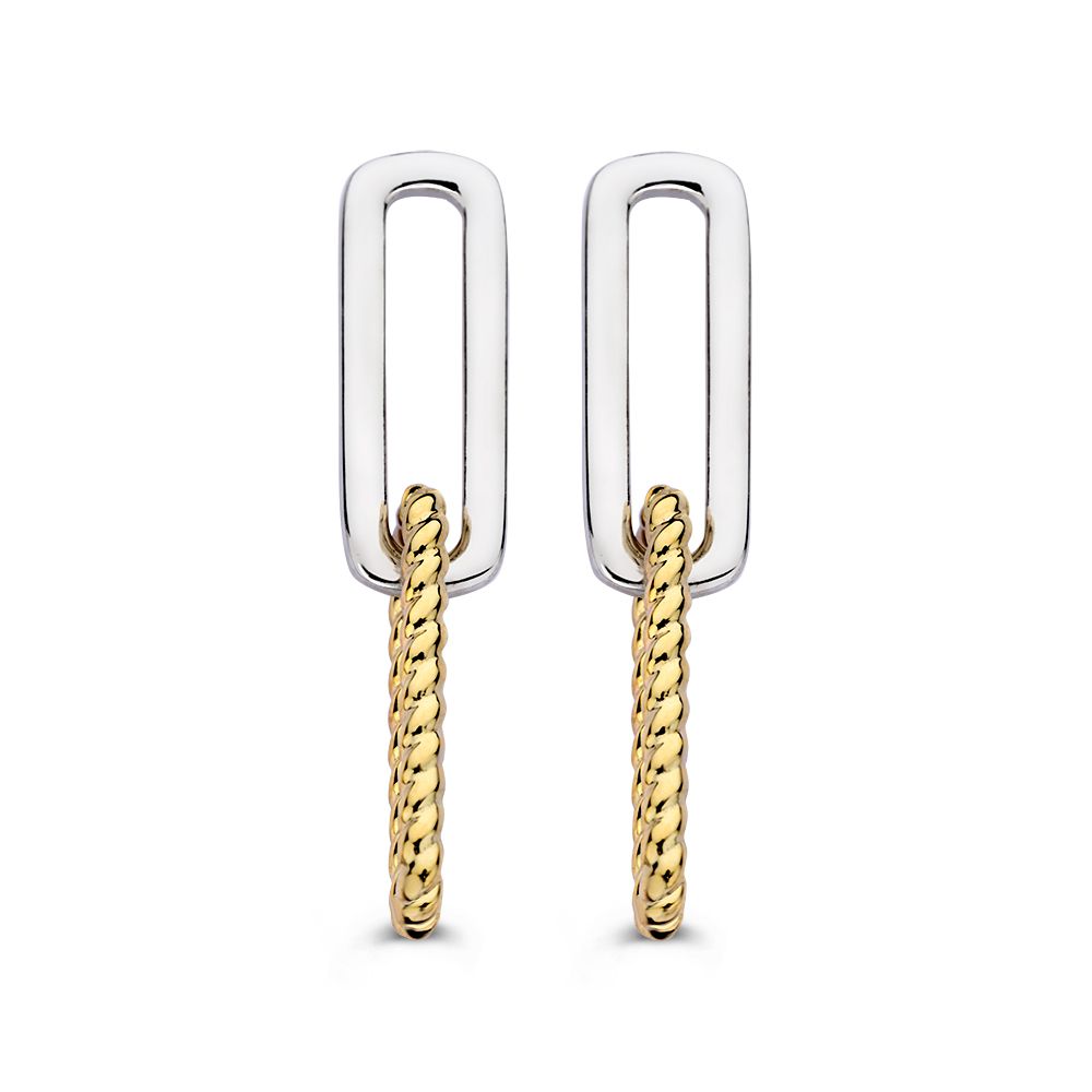 Silberne Ohrstecker mit 14K goldenen Paperclip-Gliedern, 30 mm lang, schlichtes und modernes Design