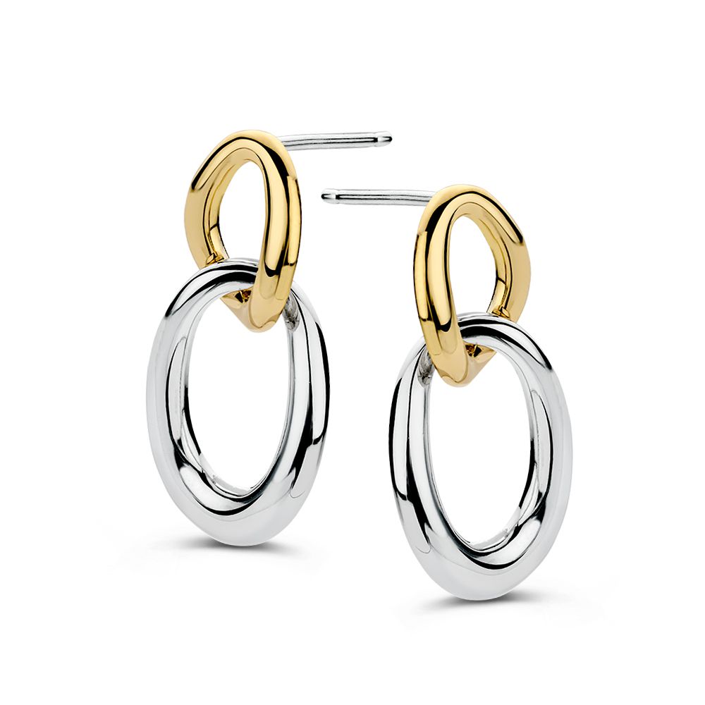 Silberne Ohrringe mit gelbgoldenen Gliedern, auffälliges Design, Durchmesser 26 mm