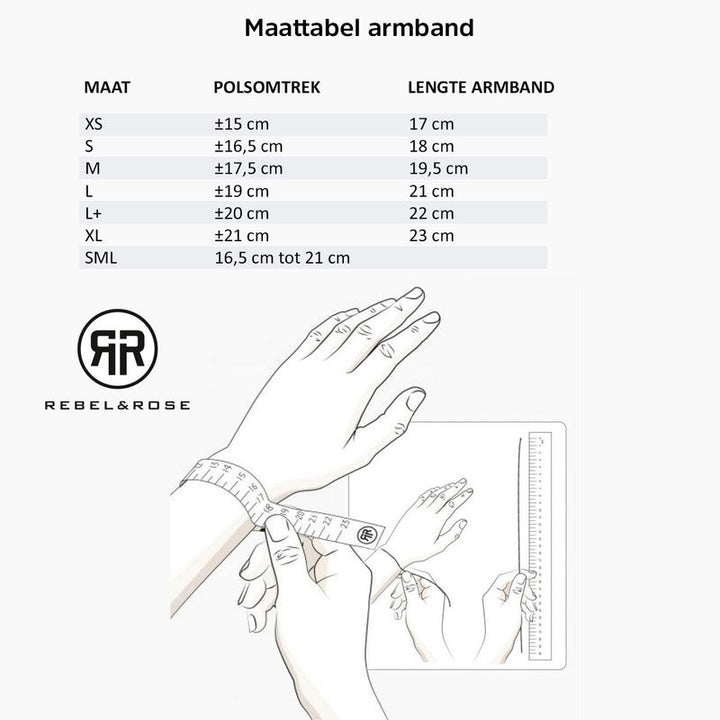 Maattabel voor de Rebel & Rose Silver Shine - 3mm - Kralen Armband Dames (Nederlands), met polsomtrek en armbandlengte voor maten XS t/m XL. Illustratie laat zien hoe je pols ontmoet met een meetlint.