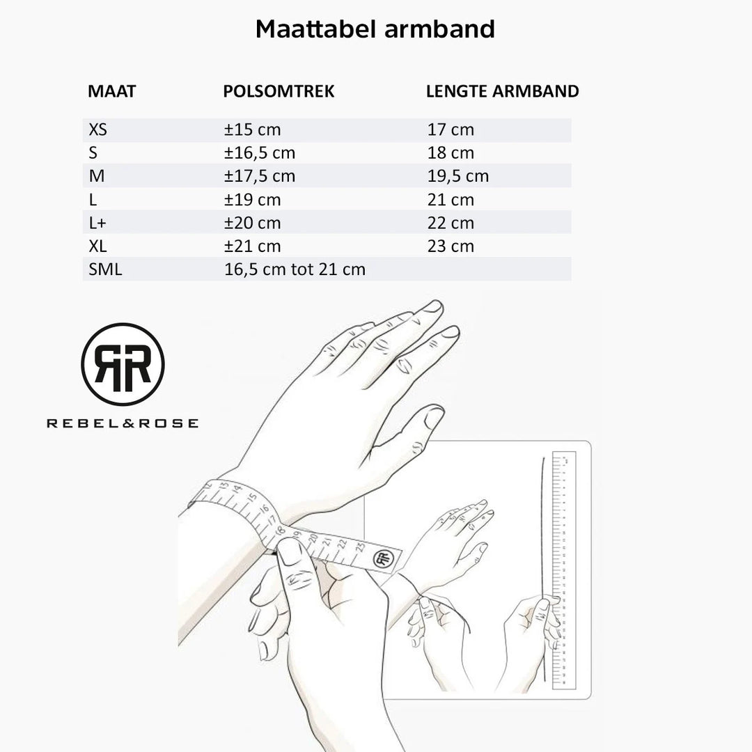 Maattabel voor dames sieraden in het Nederlands, met polsomtrek en armbandlengte (XS-XL). Instructie om je pols op te meten staat eronder. Rebel & Rose-logo links-ideaal voor jouw Rose Garden Gold - 4mm kralen armband.